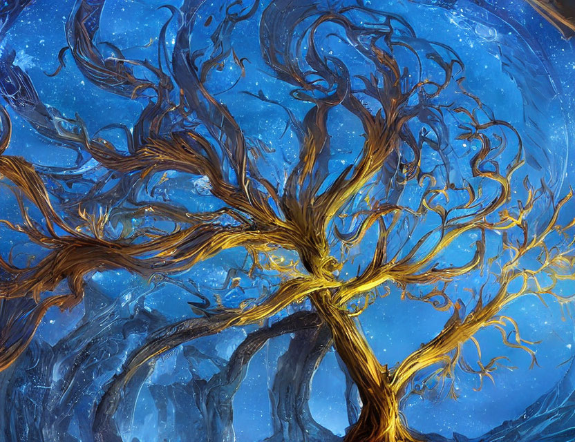 Golden tree-like structure against cosmic backdrop: fantasy-themed artwork