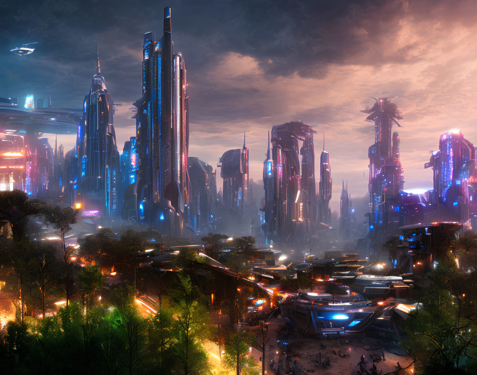 Futuristic cityscape with skyscrapers, neon lights, and lush vegetation at dusk