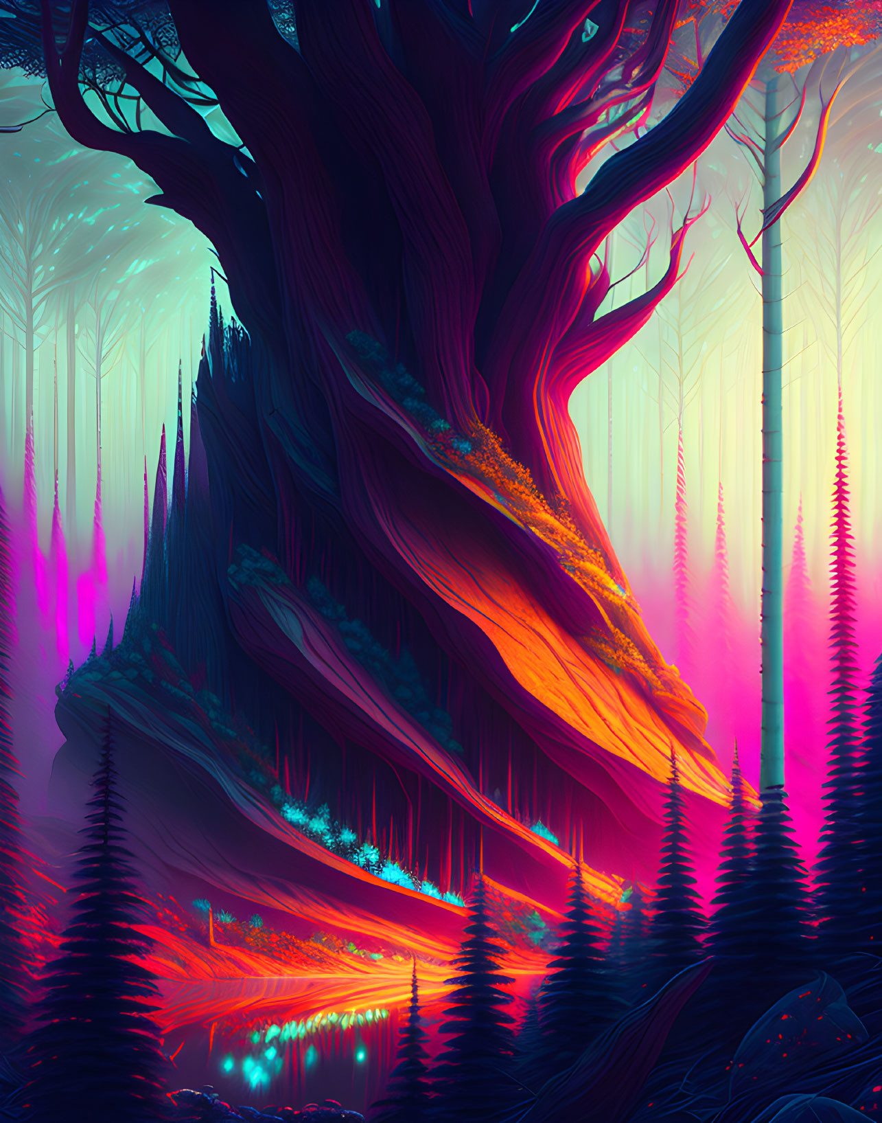 Mystical forest digital artwork with colossal tree and neon hues