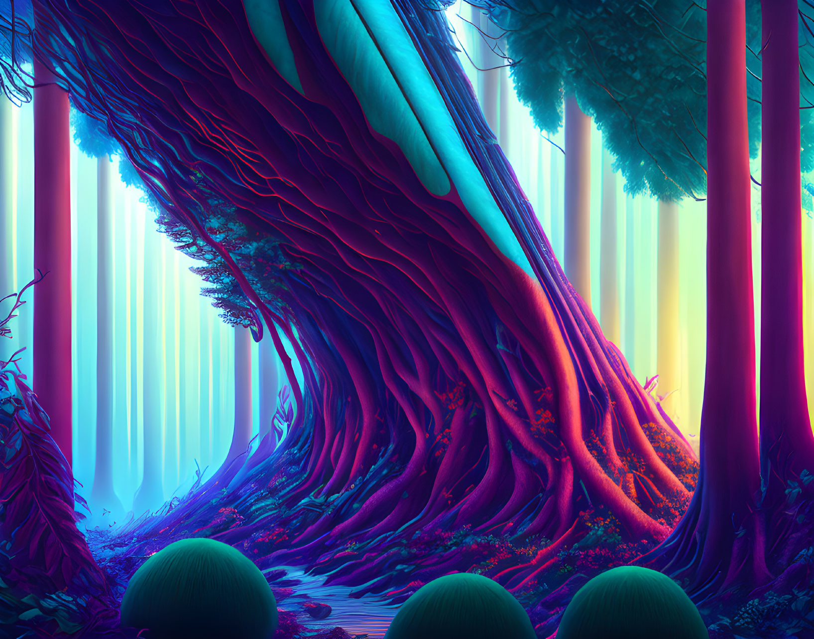 Colorful Psychedelic Forest with Twisted Tree & Ethereal Lights