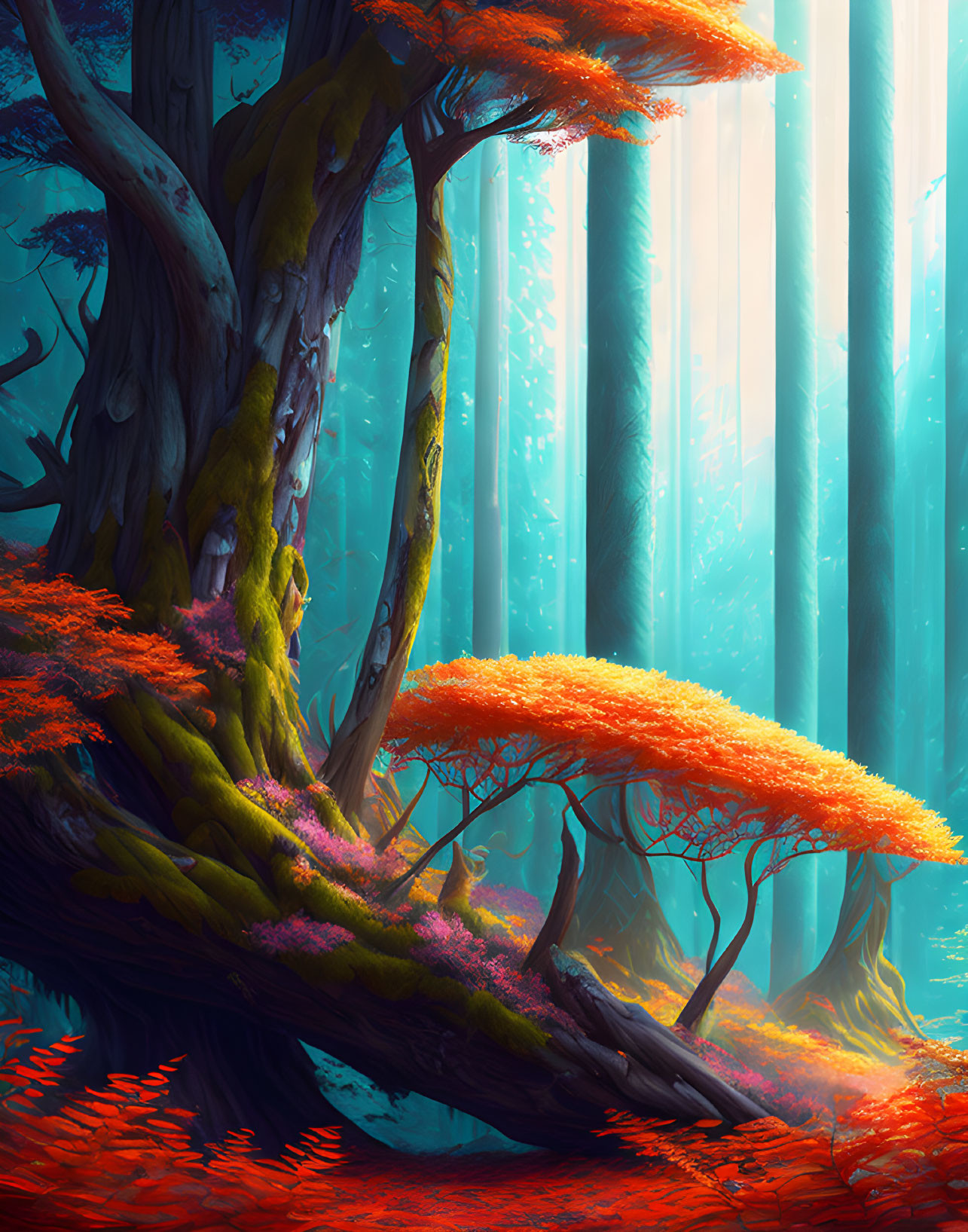Colorful digital artwork: Mystical forest with teal trees, orange foliage, and red leaves under soft