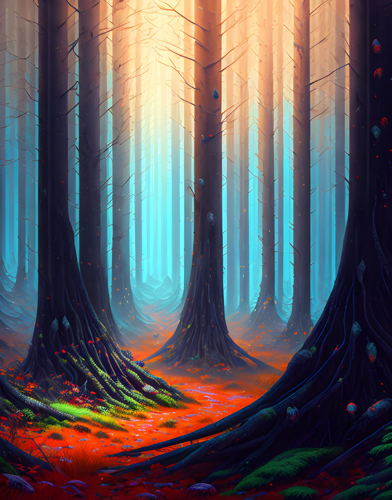 Mystical forest with towering trees and vibrant red-orange forest floor