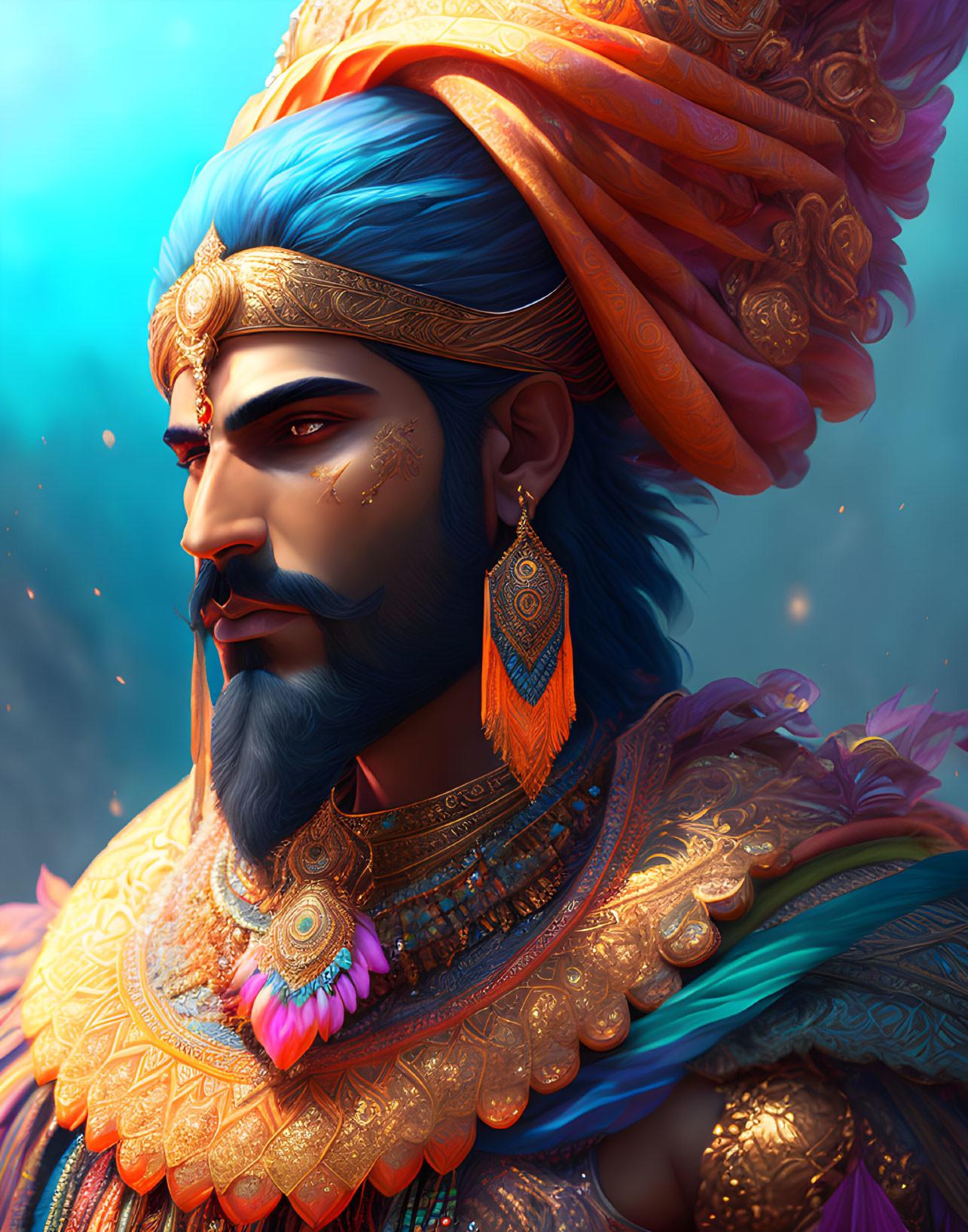 Illustration of man in golden armor with blue beard and turban
