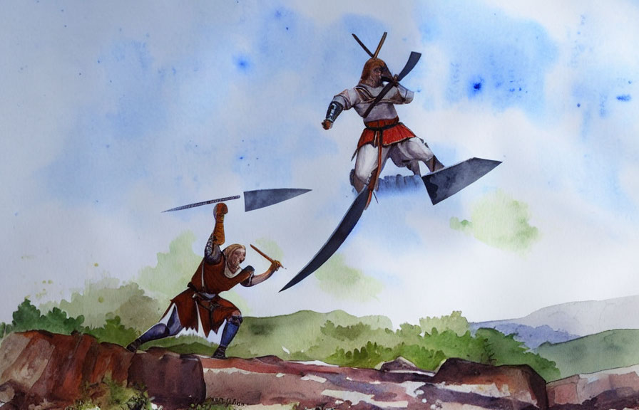 Dynamic Combat Poses Watercolor Illustration of Two Characters with Swords