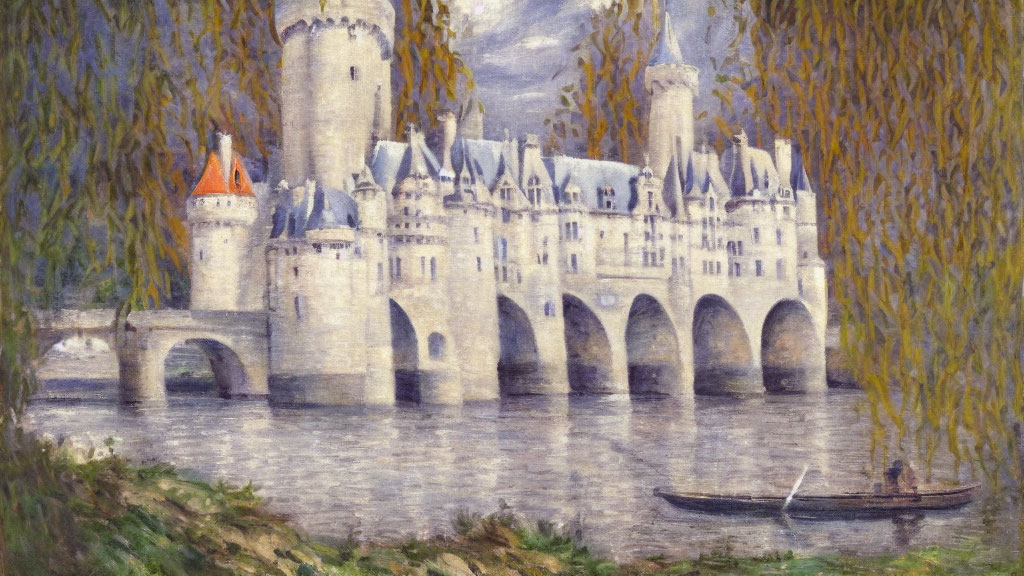 Impressionist painting of grand stone castle by river with boat and greenery