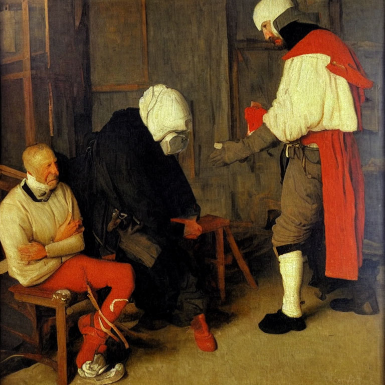 Historical painting of three figures in period attire adjusting a bandage