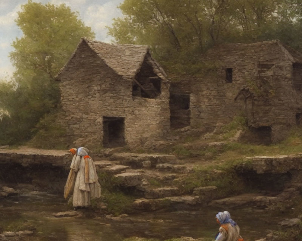 Rural landscape with stone houses, stream, and women crossing.