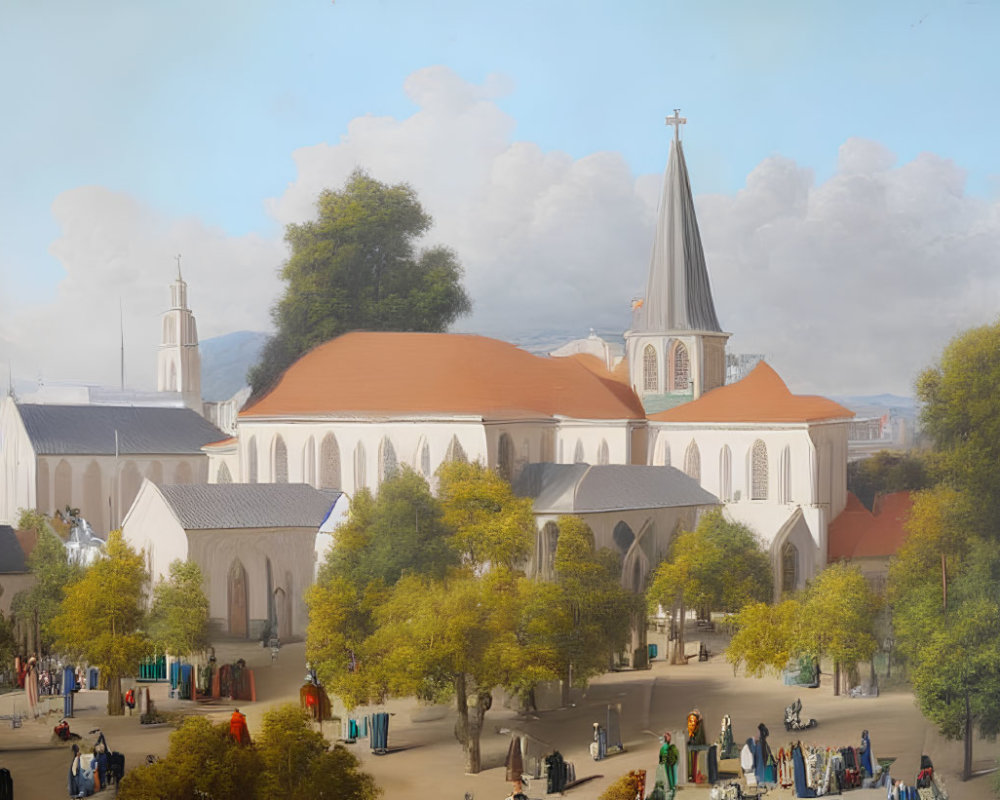Vibrant city square scene with church spire, trees, and hills