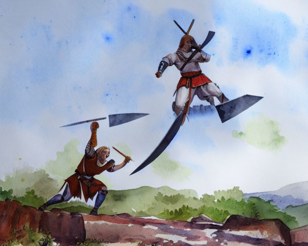 Dynamic Combat Poses Watercolor Illustration of Two Characters with Swords