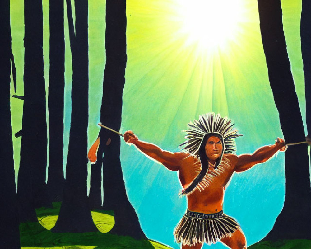 Native American man with bow in sunlit forest among towering trees