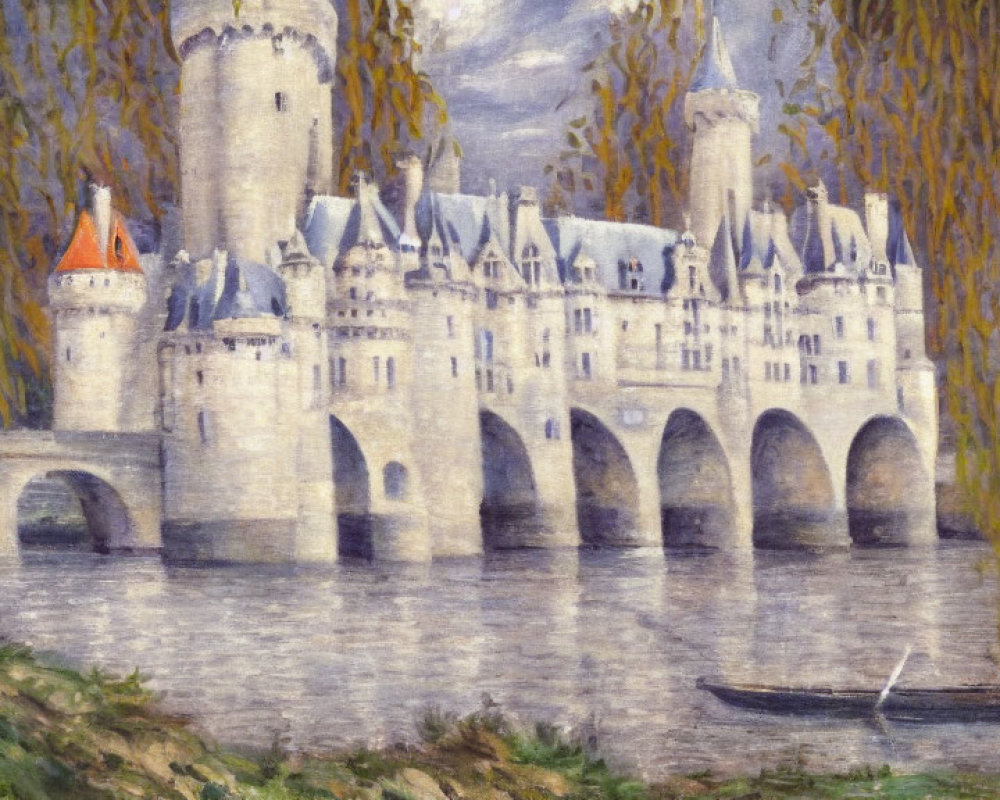 Impressionist painting of grand stone castle by river with boat and greenery