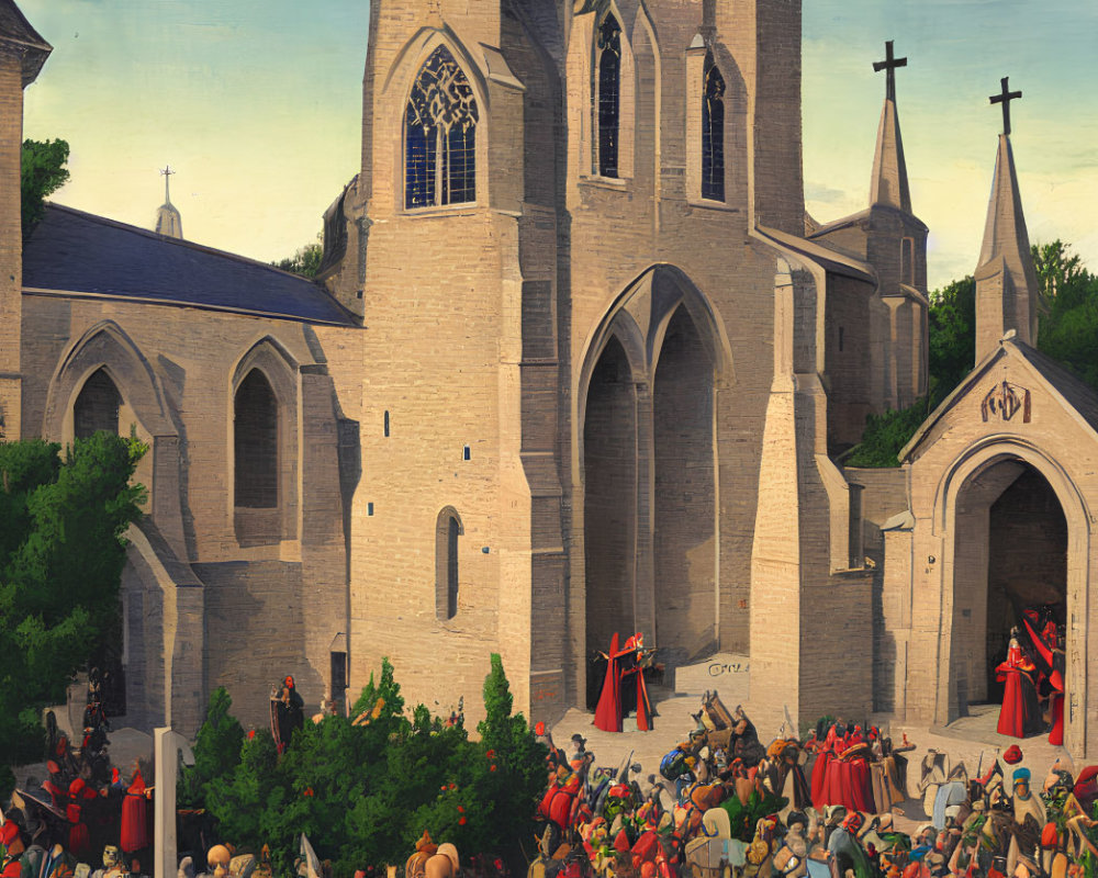 Medieval painting of clergy and crowd outside Gothic church