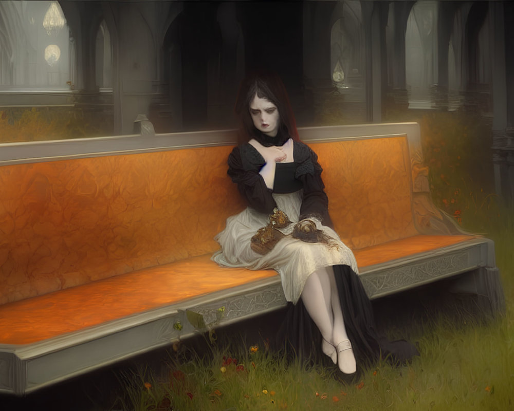 Victorian woman sitting on ornate bench in Gothic setting with red flowers