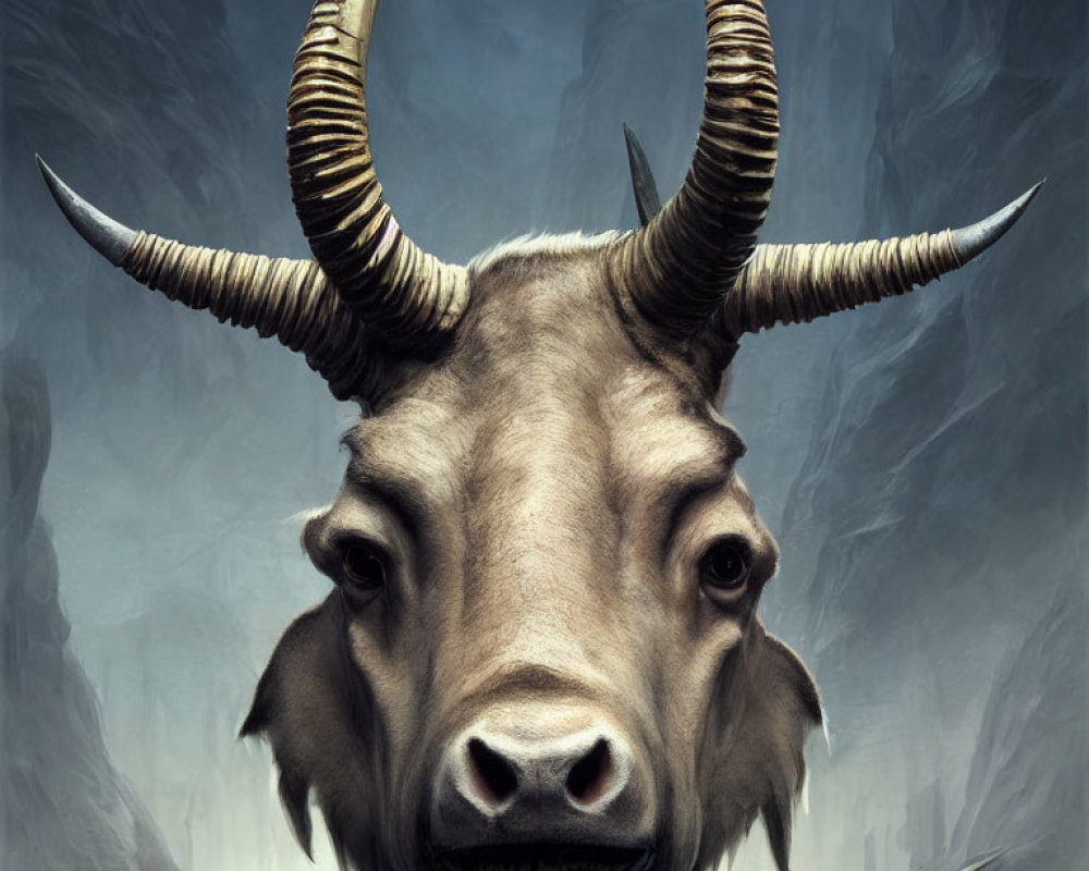 Detailed Illustration of Goat with Prominent Curved Horns in Ethereal Setting