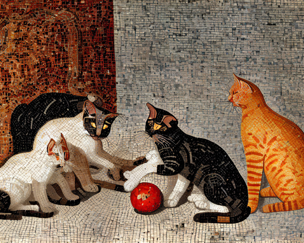 Stylized cat mosaic with unique patterns playing with red ball
