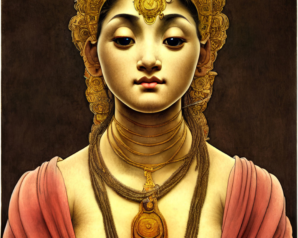 Detailed Illustration: Being with Golden Jeweled Headgear, Multiple Neck Rings, Serene Expression,