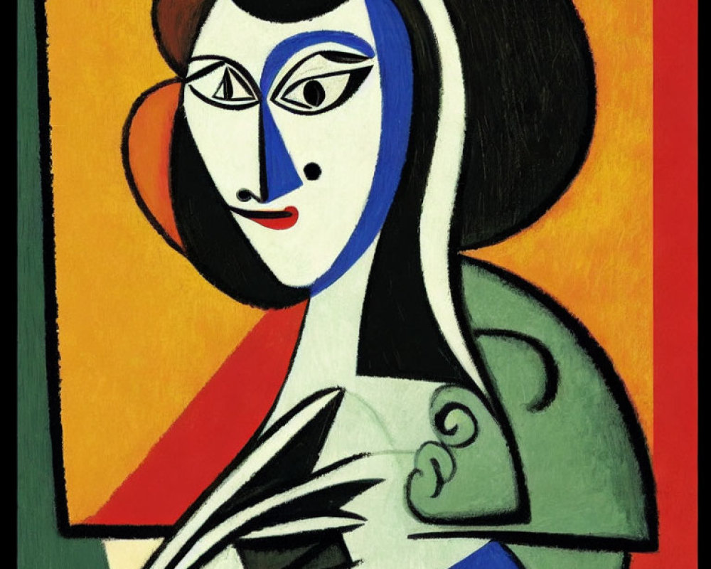 Stylized woman with blue and white skin in abstract painting