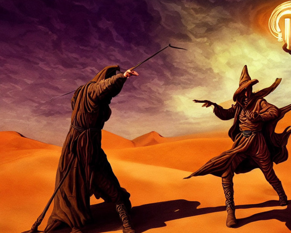 Cloaked figures with staffs dueling in desert under orange sky