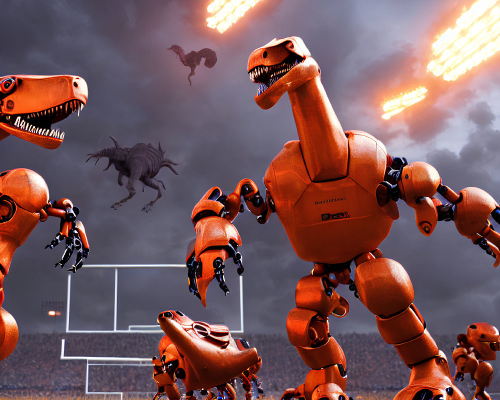 Robotic dinosaurs play football in stadium under overcast sky