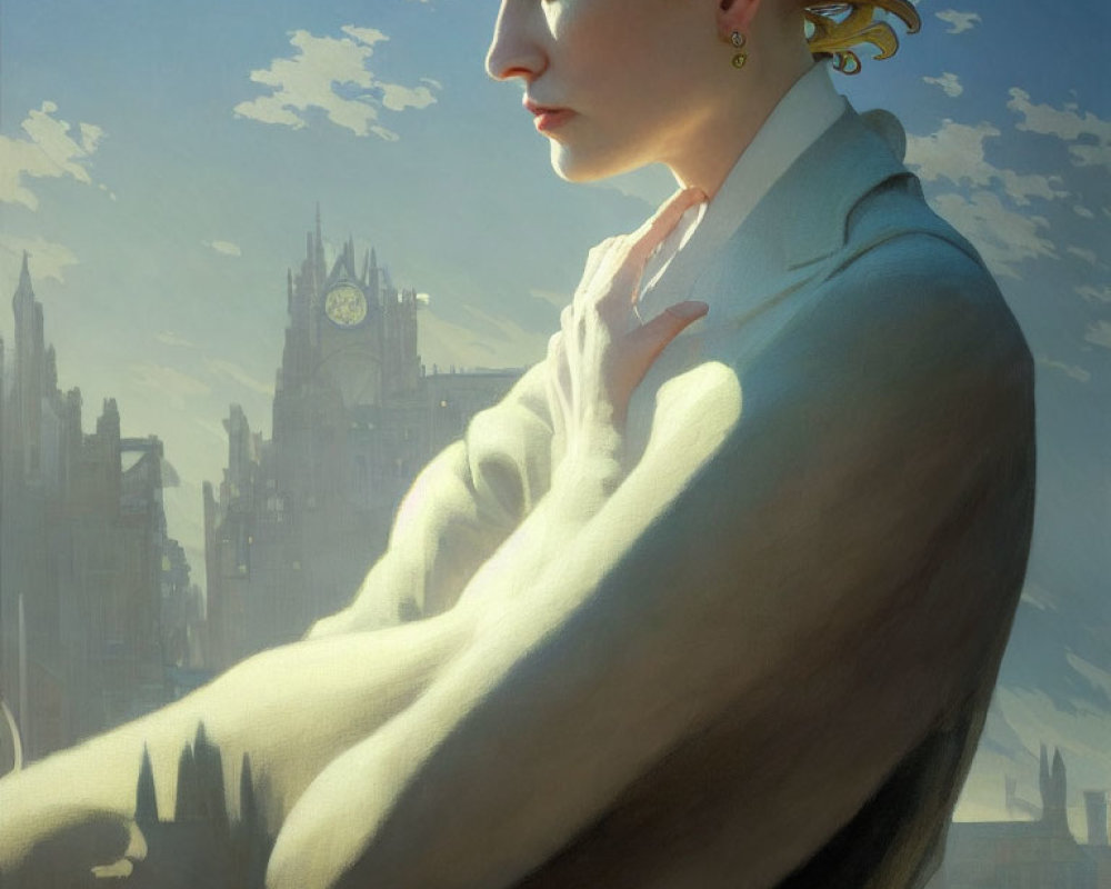 Pensive woman in white shawl against gothic city skyline
