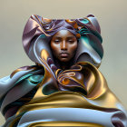 Digital artwork of woman with golden rose headpiece and blue-gold attire