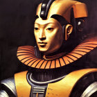 Detailed Illustration of Humanoid Robot with Metallic Face and Futuristic Helmet
