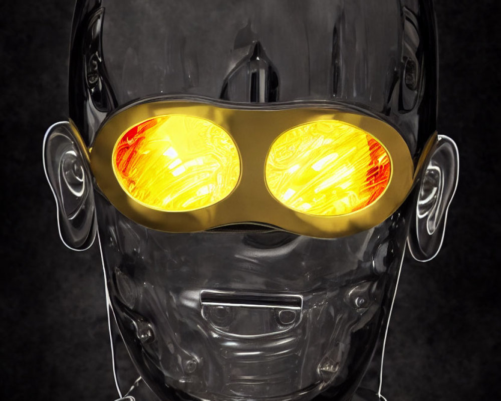 Stylized robot head with glossy finish and yellow eyes on dark background