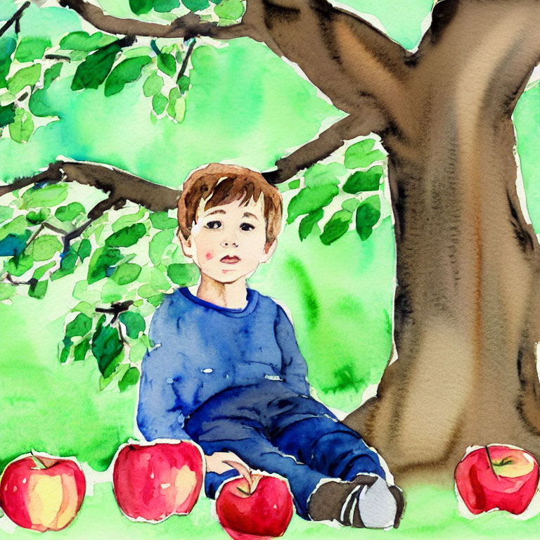 Young Boy Sitting Under Green Tree Surrounded by Red Apples