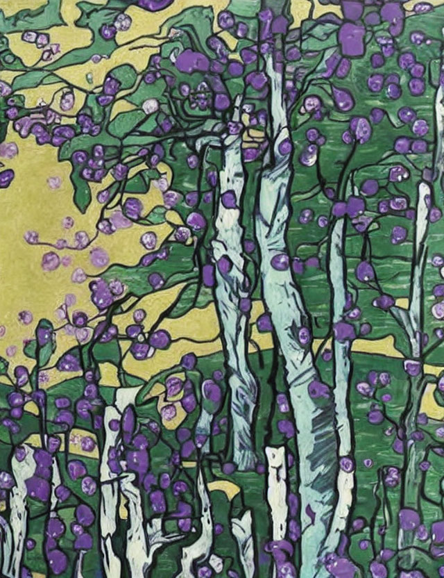 Stylized tree painting with white trunks and purple blooms