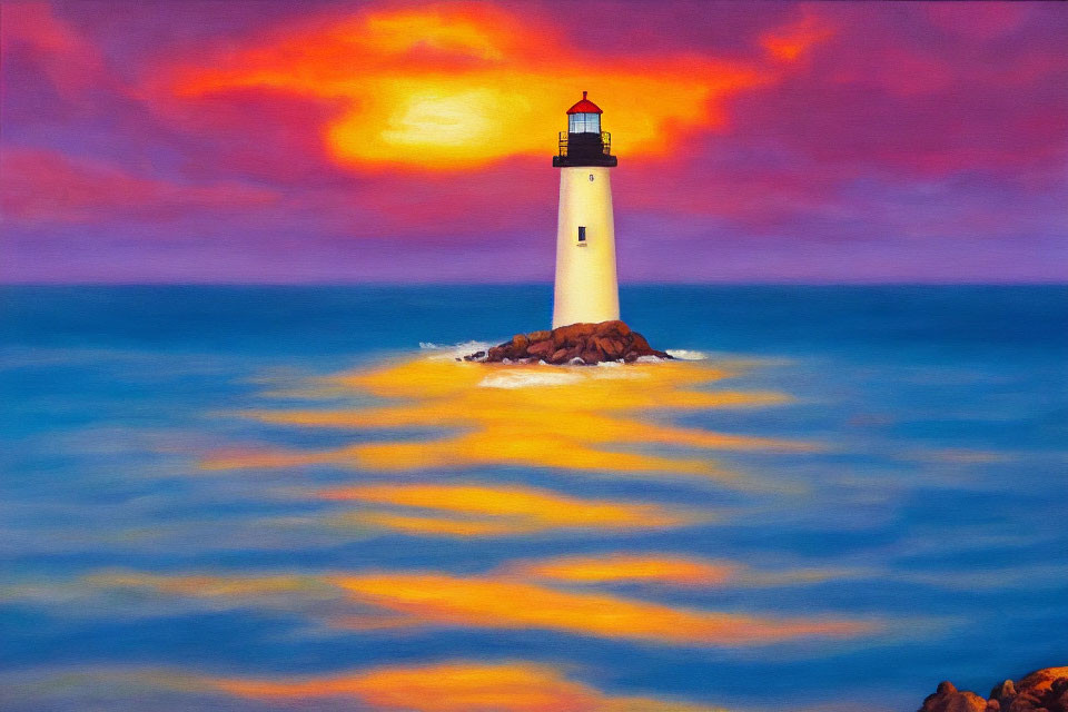 Lone lighthouse on rocks in colorful sunset sea