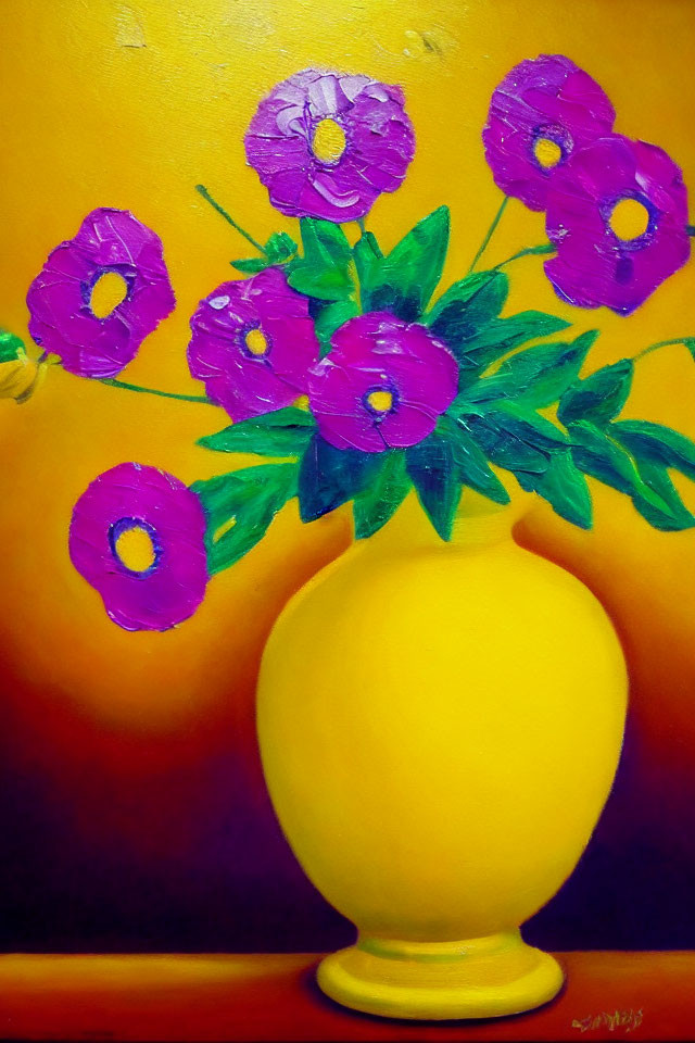 Colorful painting of purple flowers in yellow vase on vibrant background