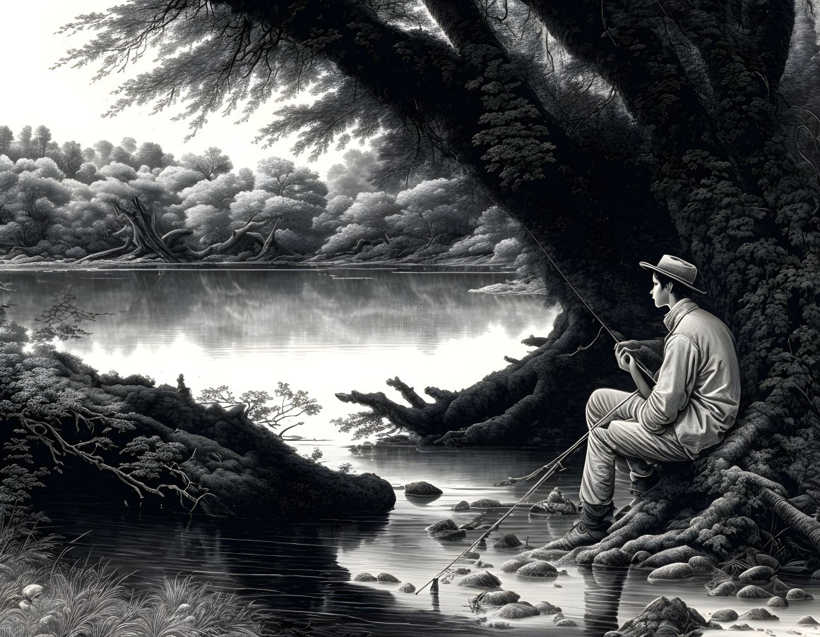 Monochrome illustration of person fishing by serene lake