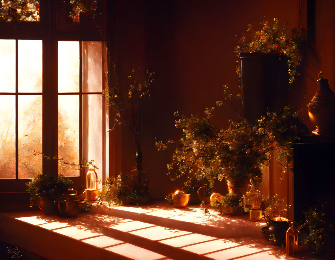 Sunlit indoor scene with plants and vintage decor