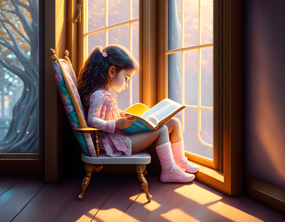 YOUNG GIRL SITTING BY THE WINDOW READING A BOOK