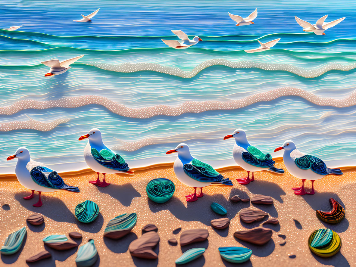 Stylized seagulls on colorful shoreline with waves and shells