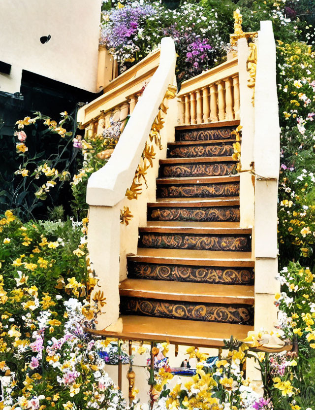 Golden balustrade outdoor staircase surrounded by colorful flowers and greenery