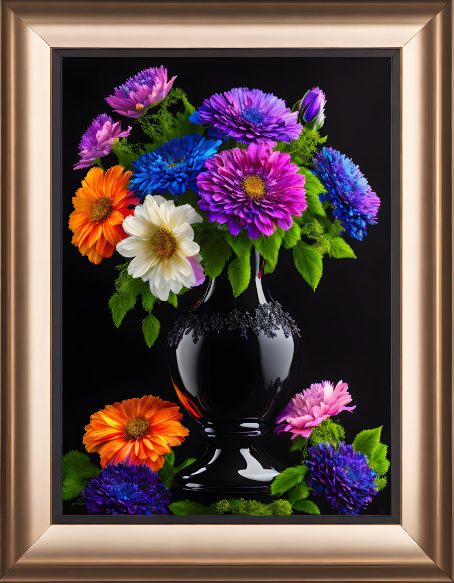 Assorted Flowers in Black Vase with Gold Frame on Black Background