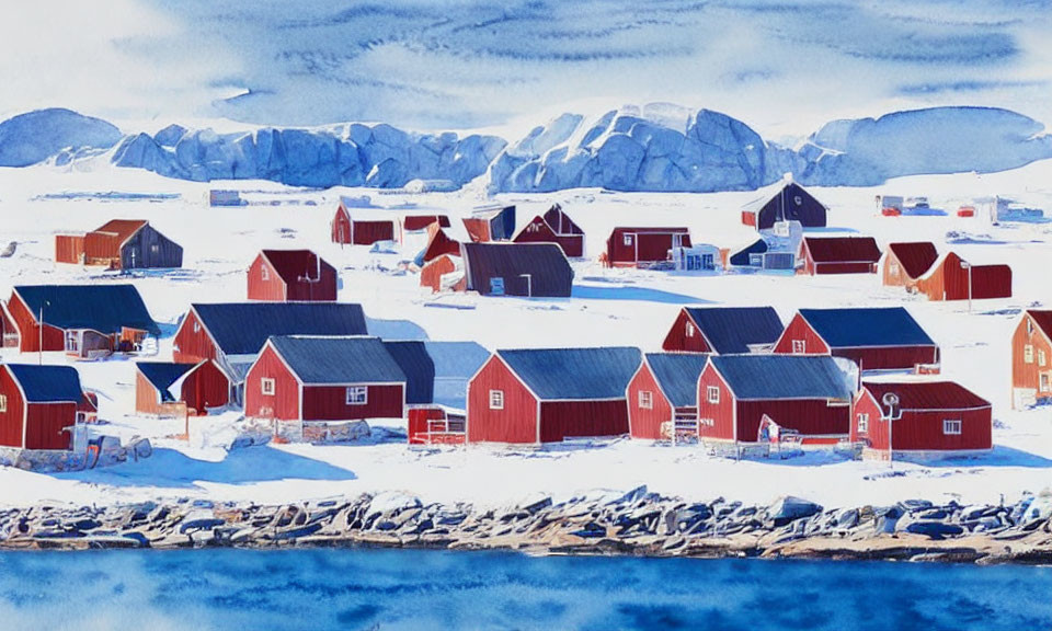 Snowy Village Watercolor Painting with Red Houses and Blue Mountains