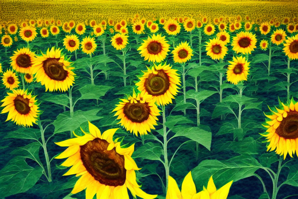 Bright Sunflower Field Against Textured Yellow Sky