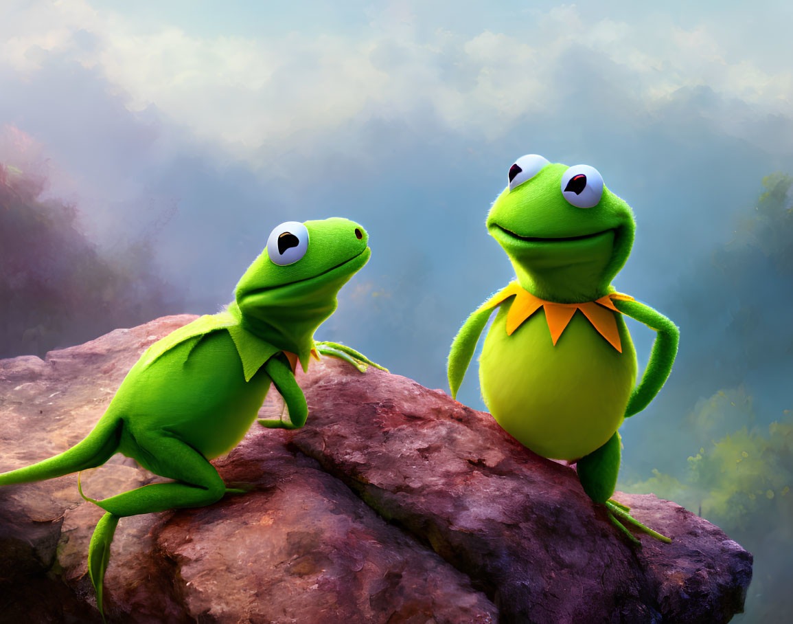 Green Frogs Sitting on Rock with Misty Forest Background