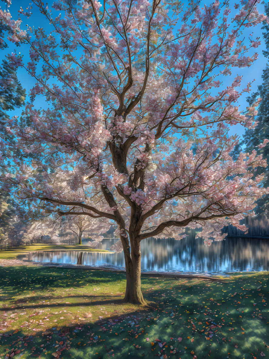 Majestic cherry blossom tree in full bloom by tranquil lake