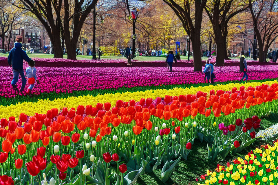 Colorful Tulip Park Scene with People Enjoying Sunny Day