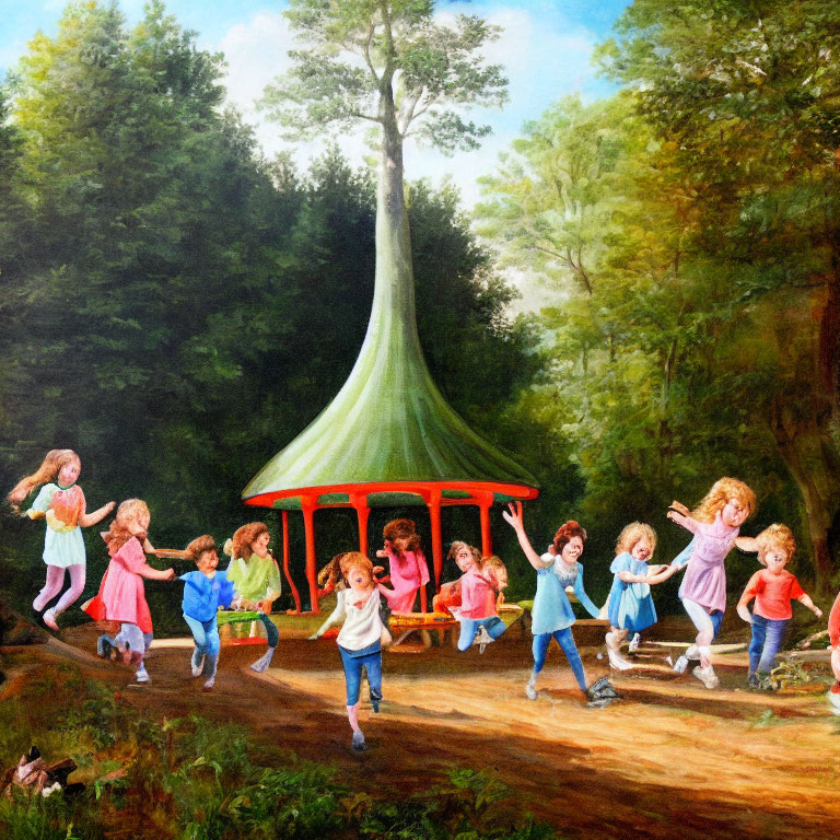 Whimsical tree-shaped carousel in a sunlit forest clearing