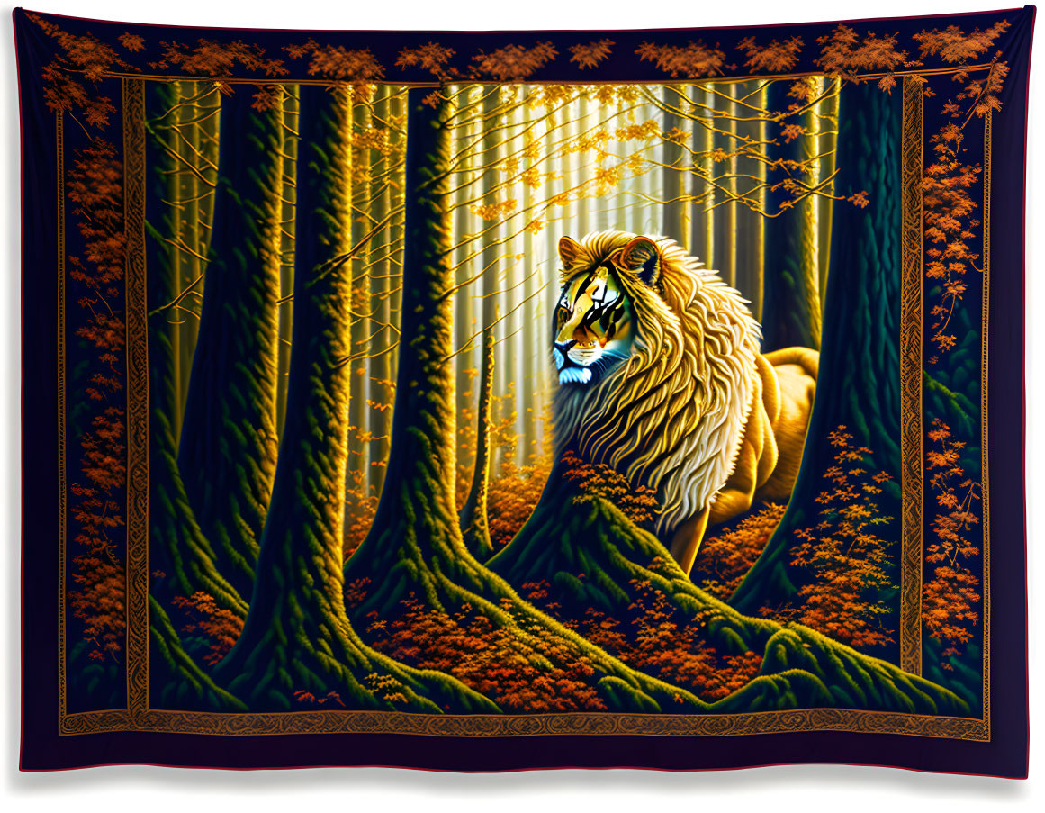 Majestic lion in forest tapestry with decorative border