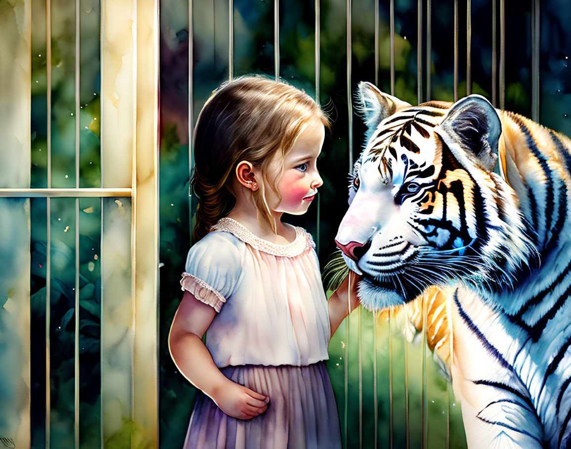 Young girl in dress gazes at tiger behind bars