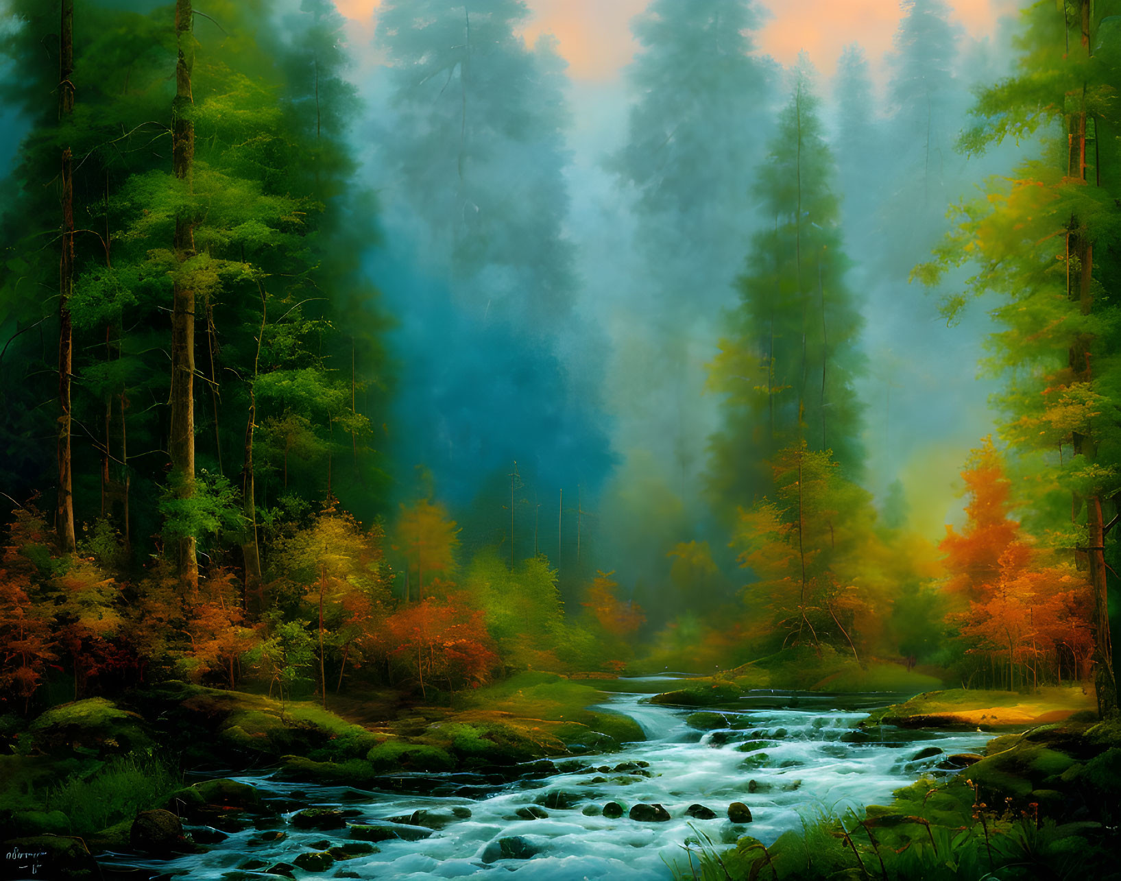 Tranquil Forest Landscape with River and Autumn Colors