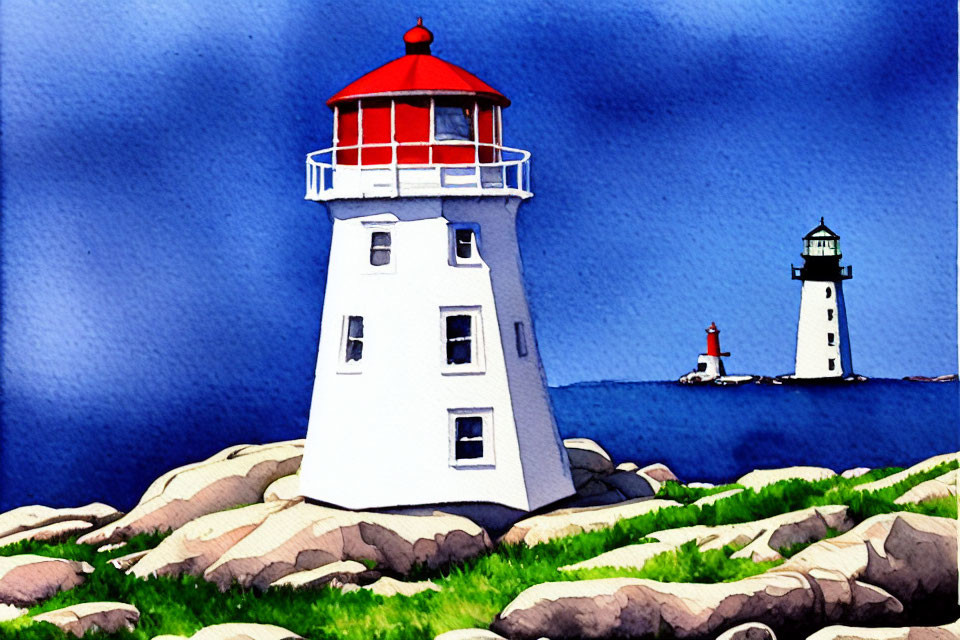 Coastal Watercolor Illustration: White Lighthouse with Red Roof in Scenic Setting