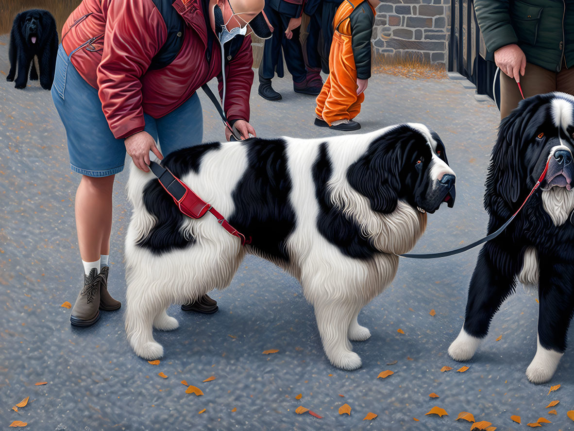 Two Black and White Bernese Mountain Dogs on Leashes in Fall Scene
