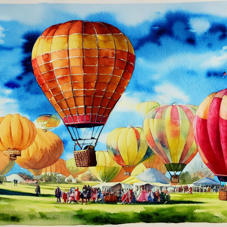 Colorful hot air balloons soar in a vibrant watercolor painting