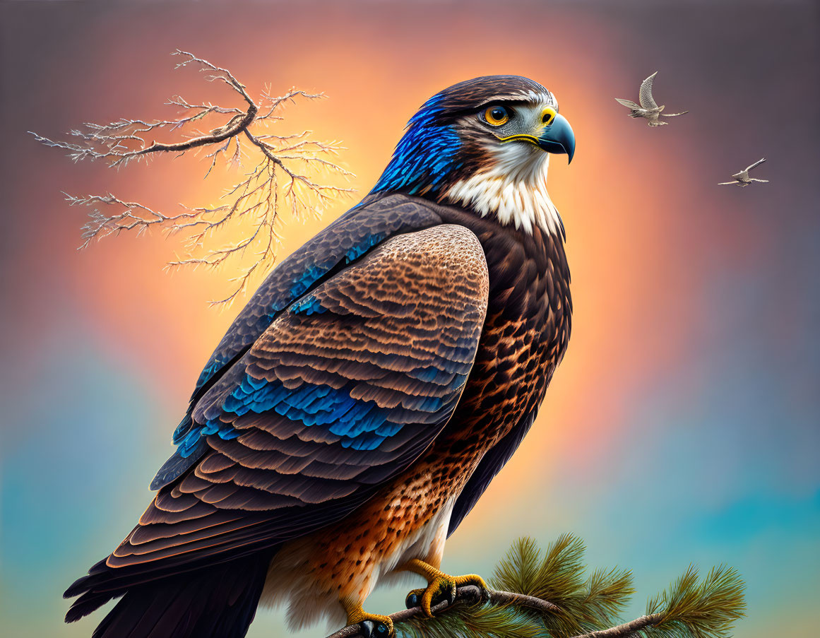 Detailed Falcon Perched on Branch with Birds and Barren Tree